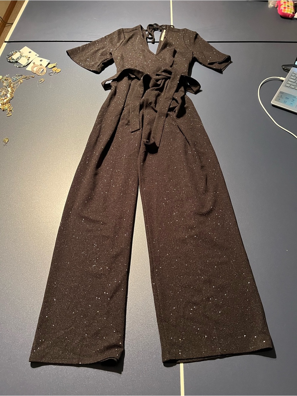 miami Black Sparkle Wide-Leg Jumpsuit with Tie Waist